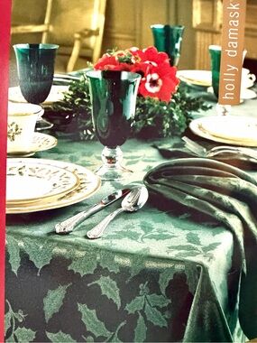 Lenox Holiday Nouveau Holly Damask Tablecloth 60x104 Oblong NEW Green Christmas